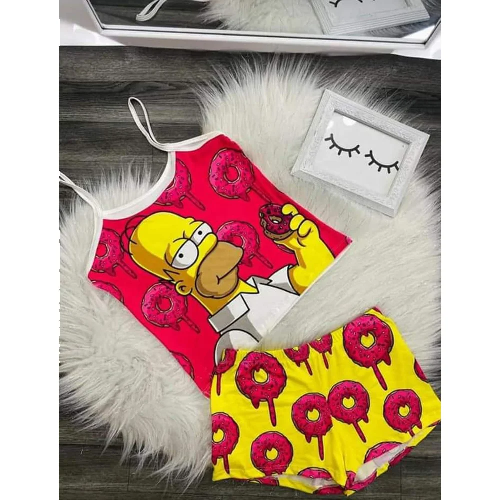 

Sexy Cartoon Two Piece Sets Strap Sleep Clothes Pajamas Suit