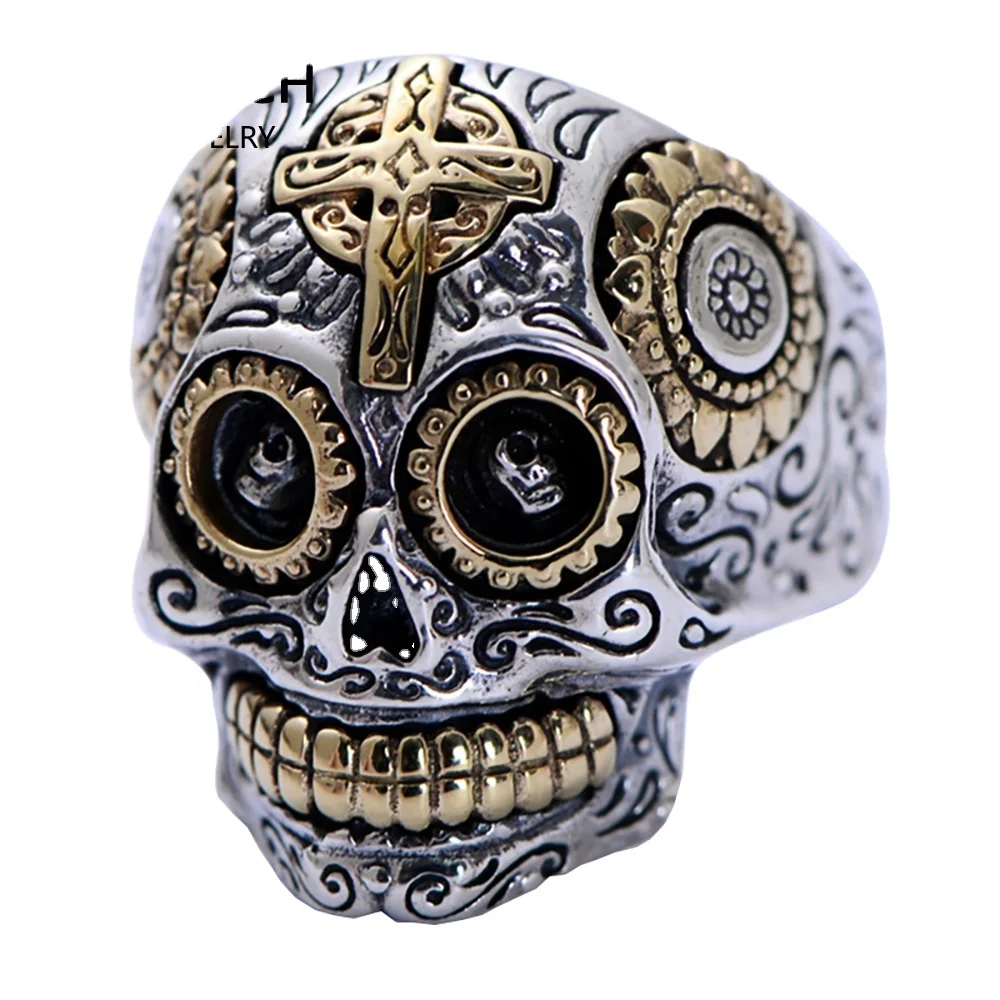 

Gold Color Cross And Sun Fower Engraved men ring finger skull ring