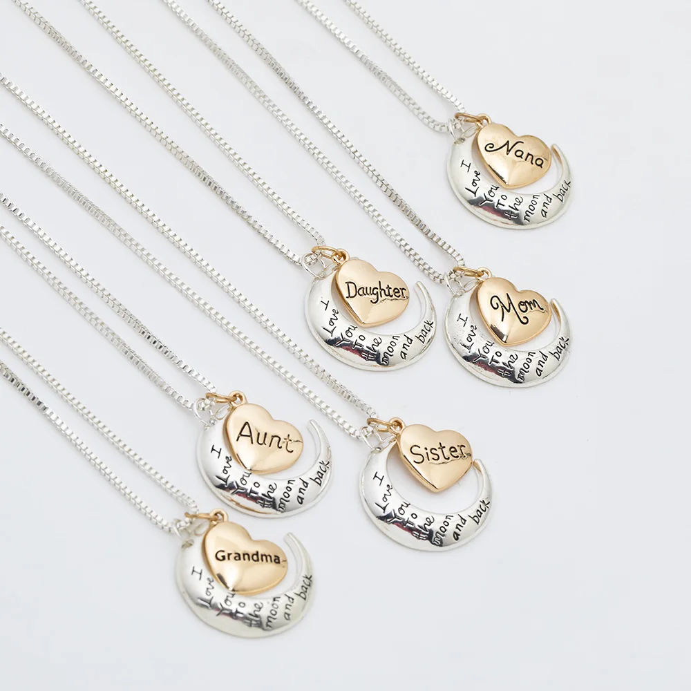 

Q688 Mother Day Silver Necklaces Mothers Gift Letter Heart Pendant Necklace I Love You to the Moon and Back Mom NecklacesHot sal, 19 color