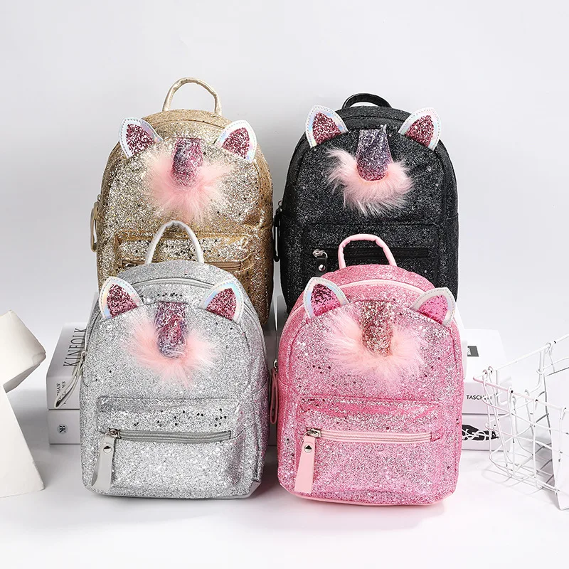 

New Design Kids Girls Light Pink Blue Reversible Sequin Unicorn Shaped Cartoon Glitter Backpack Mini school bags bolsas, As picture