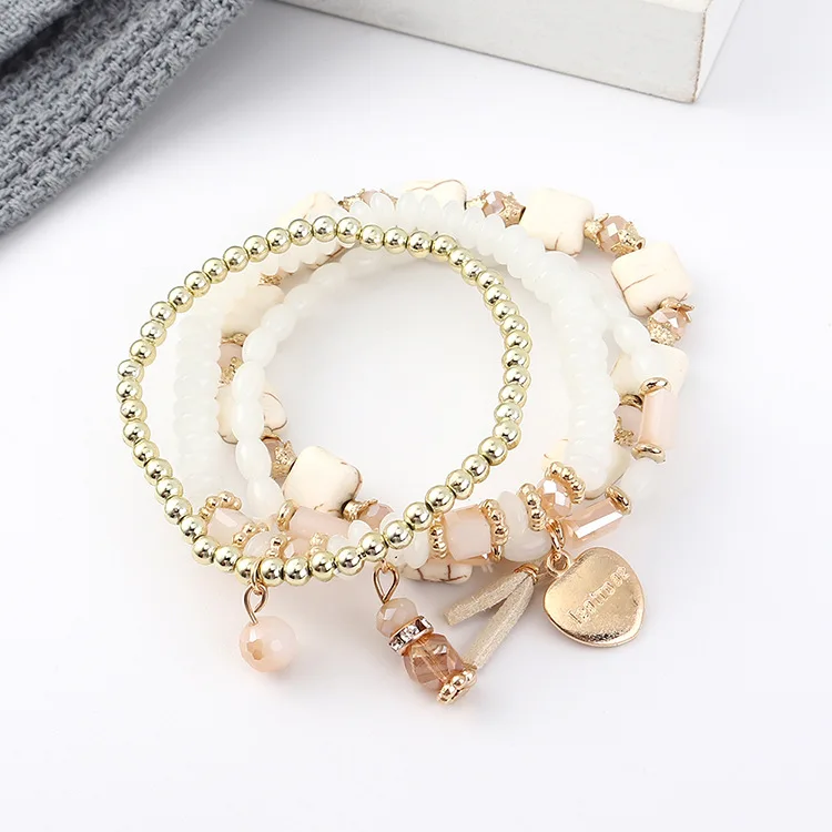 

Fashion Vintage Multi-layer 4pcs/set Bead Bracelet Bohemian Elastic Acrylic Beaded Heart Charm Bracelet For Girls