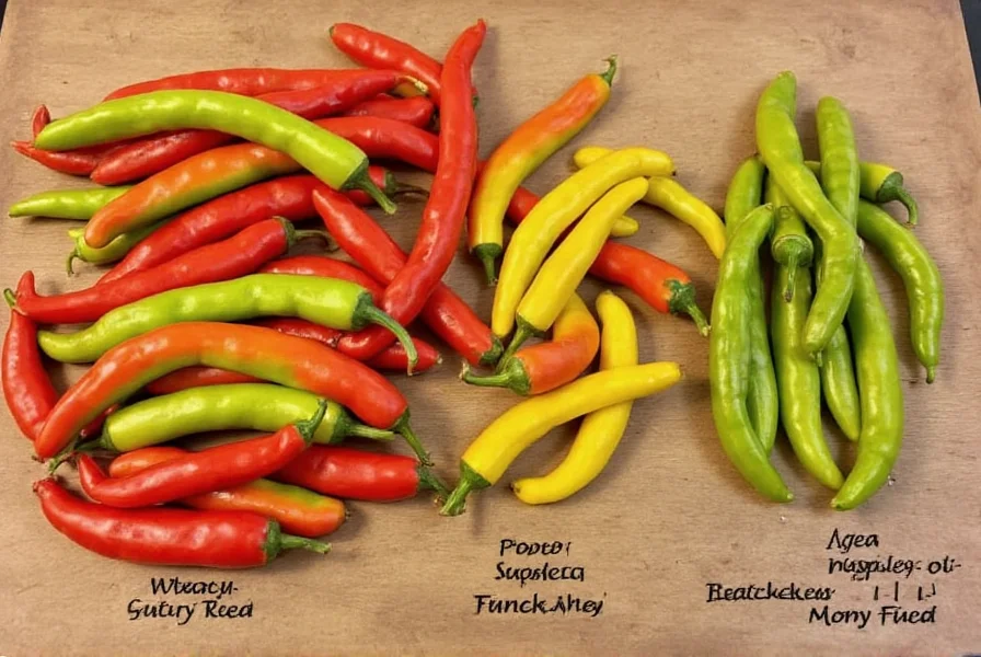 Comparison of fresh chilaca peppers next to common substitute varieties with labels