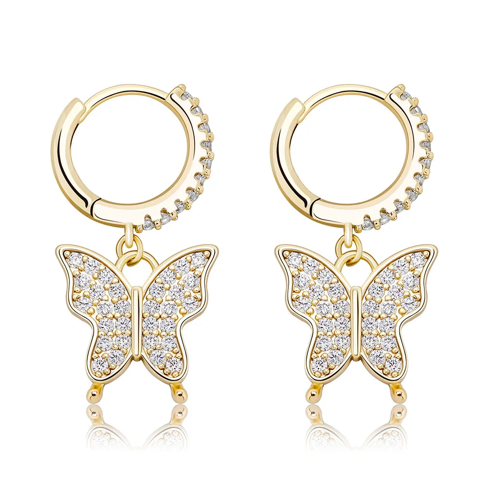 

New Fashion Trend 9mm Delicate Jewelry Full Iced Out Butterfly Drop Earrings Party Wearing, Picture shows
