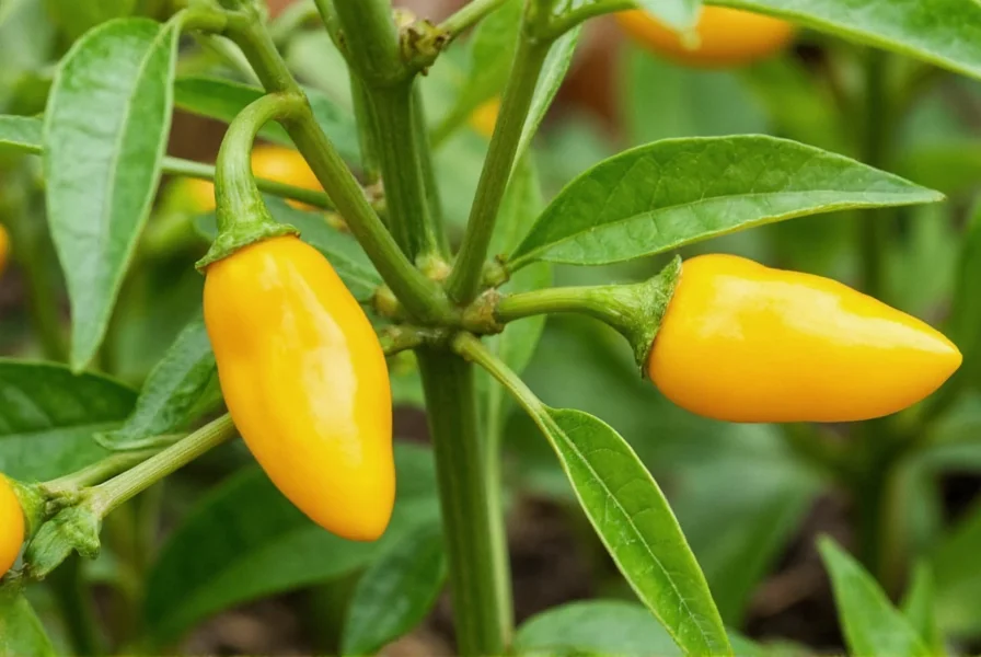 Cubanelle pepper plants growing in garden with ripe yellow peppers