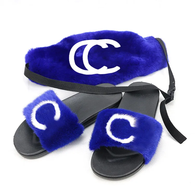 

Hot Sales Rabbit Fur Colorful Pack bag and Mink Fur Slides with Custom Letters Available, Black,red,pink,blue,gray,or customized color