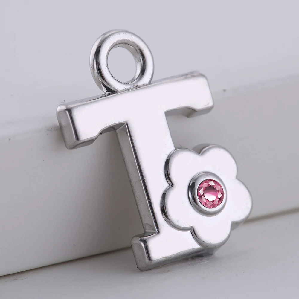 

Wholesale 26 Letters Dangle Initial T Crystal Silver Plated Charm Jewelry, Silver stone and pink crystal