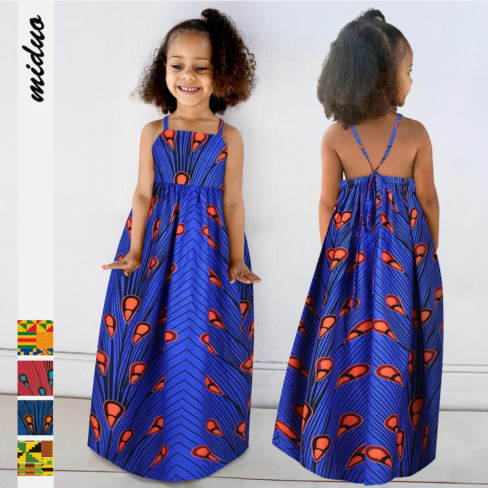 

1637MuslimQLO Children's Sling Halter Dress Loose Cute Long Strap Skirt african print modern abaya for kids girl birthday dress, 4 color
