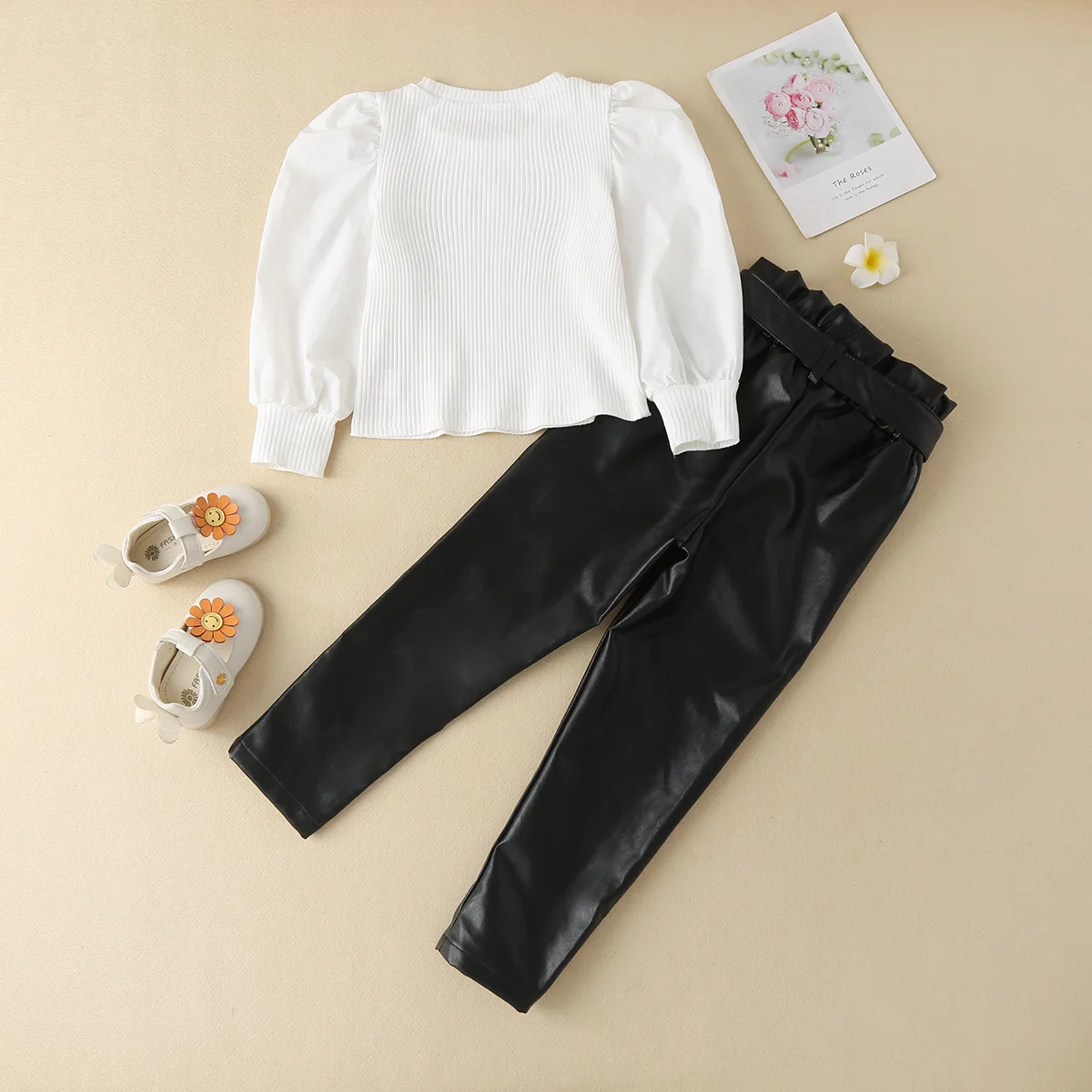 

New fashion 2Pcs girls clothing set puff sleeve solid rib shirt + solid PU leather pants outfits for girls, Picture shows