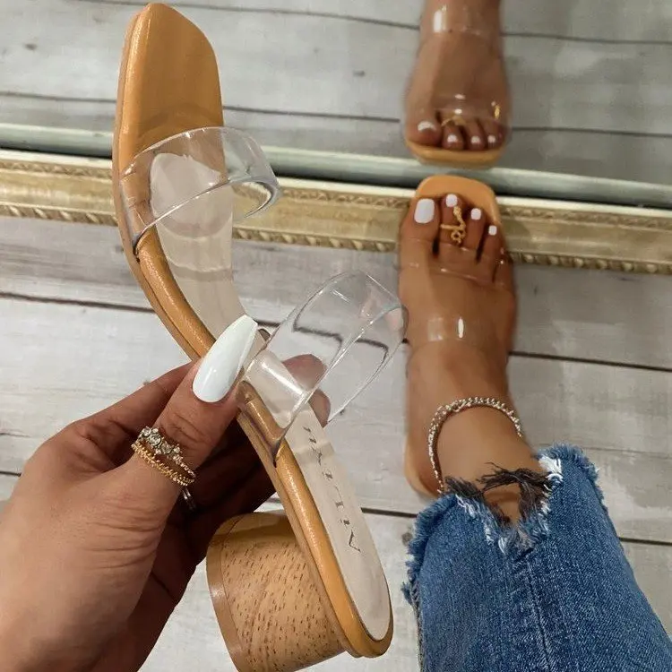 

women's slippers open toe 2021 summer new European and American transparent one line buckle middle heel women's fashion sandals