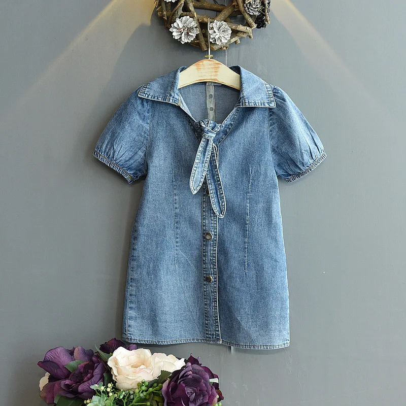 

B54475A Children summer dress fashion puff sleeve v neck denim dress, Blue