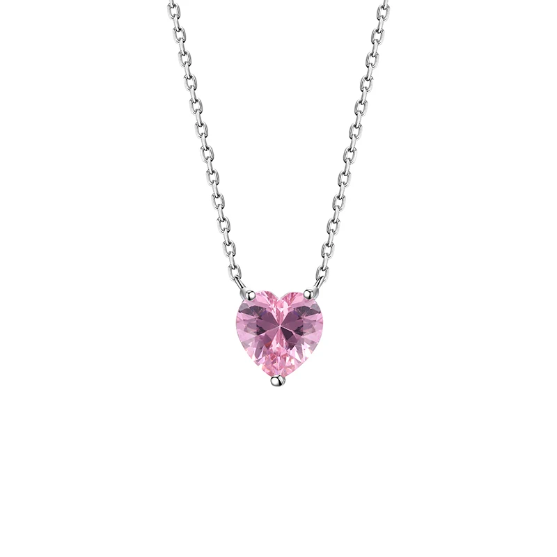 

INS Popular 925 Sterling Silver Fine Jewelry Simple Heart Cut Claw Setting Pink Zircon Charms Necklace