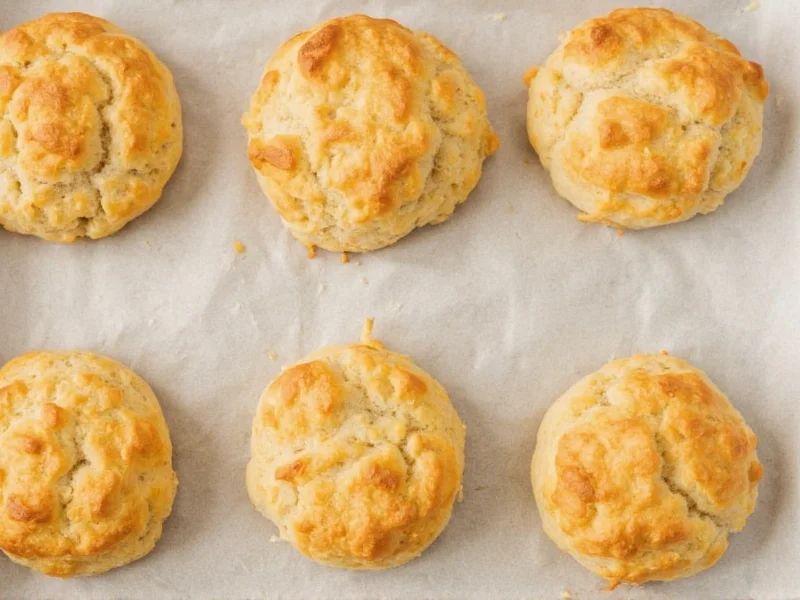 Homemade drop biscuits golden brown on baking sheet