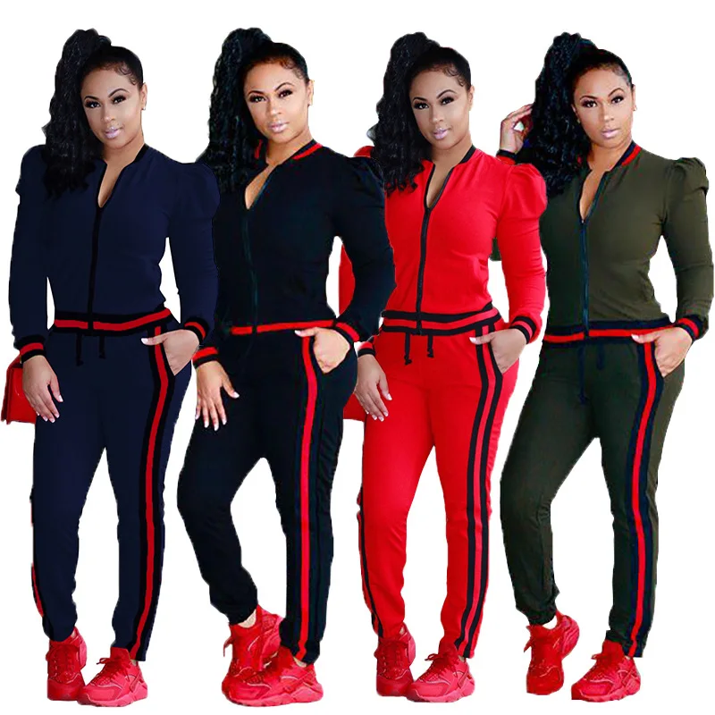 

Casual sport 2 piece stripe side women tracksuit set wholesale sweat suits, Black, white, yellow