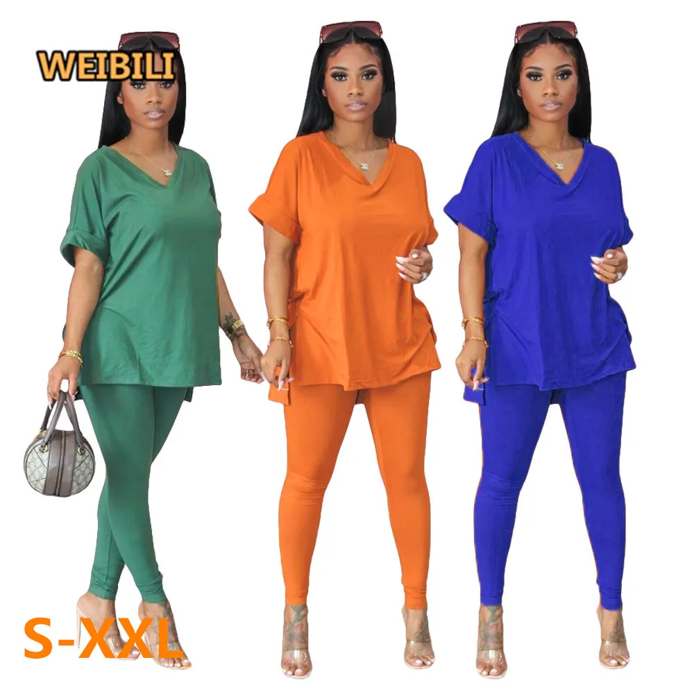 

Women Two Pieces Set Summer 2021 Casual Jogger Tracksuit 2 Piece Set Solid Color V Neck Loose Short Sleeve Women Two Piece Set