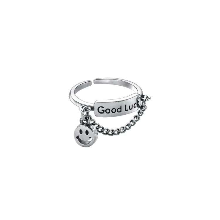 

Fashion Trendy Popular Open Smile Face Chain Letter GOOD LUCK S925 Sterling Silver Jewelry Rings Ring