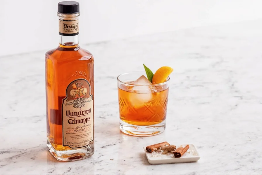 Bottles of various cinnamon schnapps brands arranged on wooden bar surface with cinnamon sticks and citrus garnishes