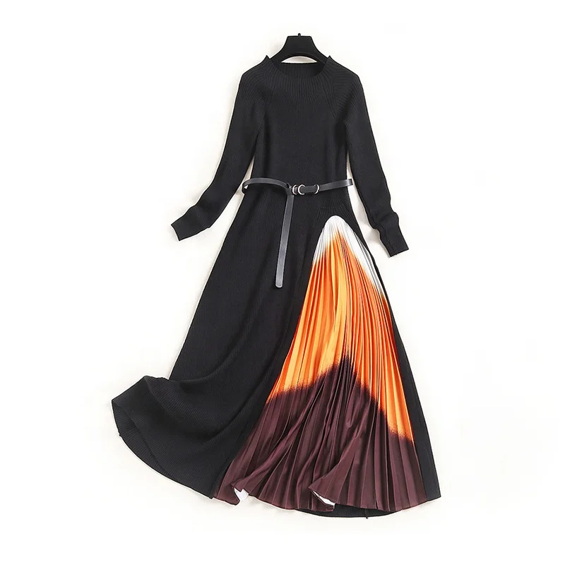 

TWOTWINSTYLE O Neck Long Sleeve High Waist Vintage Irregular Printed Midi Dress For Women