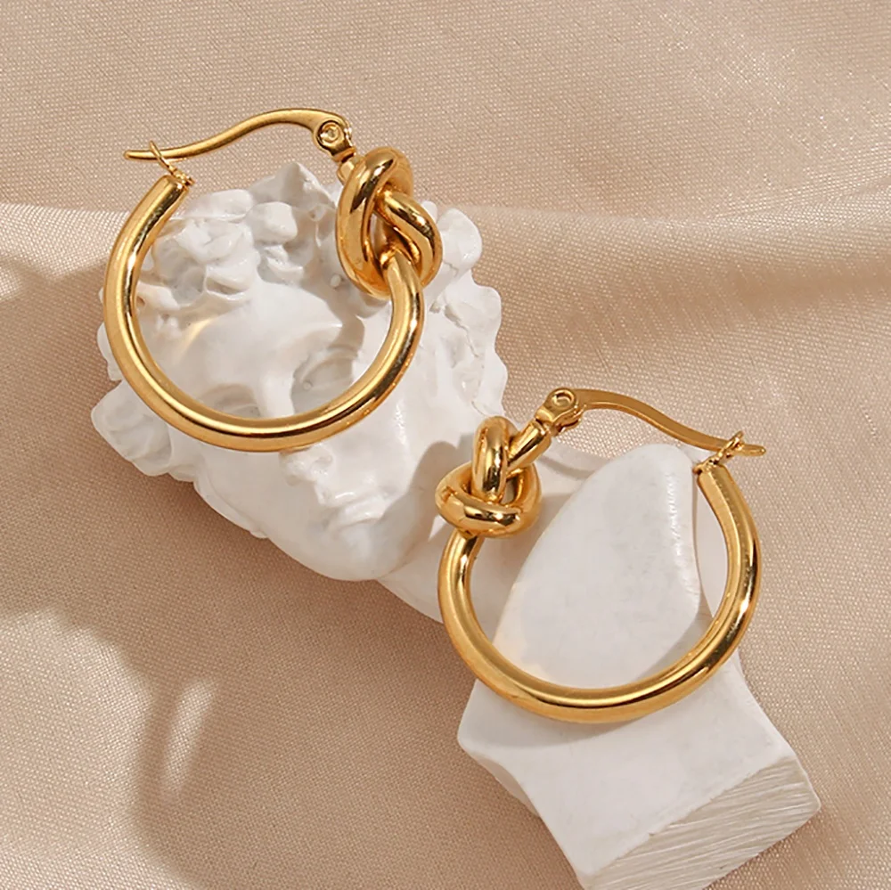 

Drop Ship Tarnish Free Stainless Steel 18K Gold Plated Hoop Earrings Knot Gold Hoop Earrings