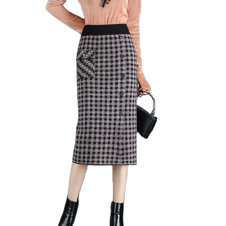 

Women's High Waist Elastic Plaid Knitted Midi Straight Skirts with Pocket and Buttons