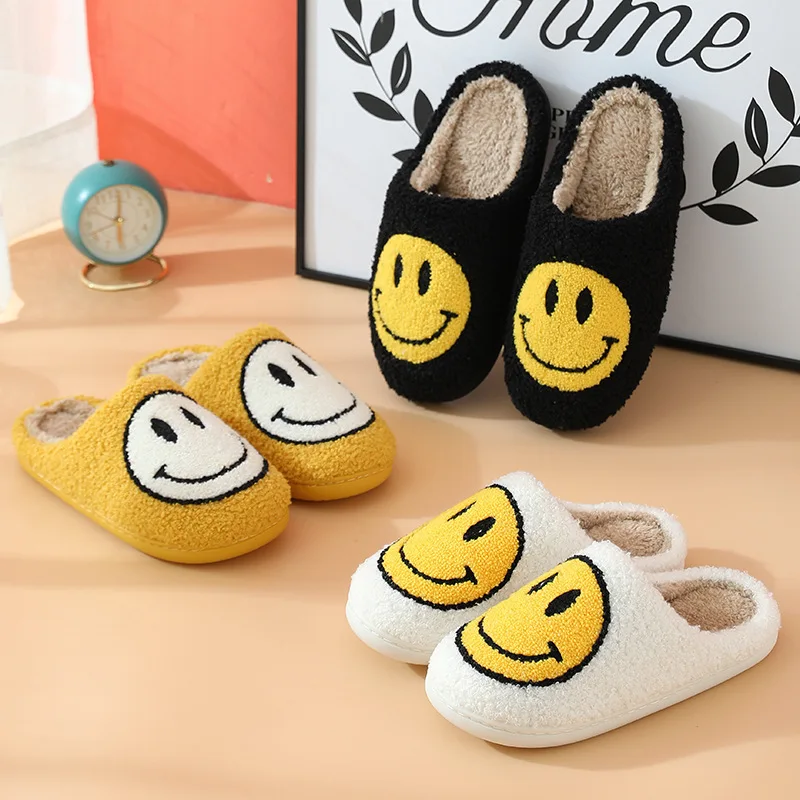 

Winter Cute Smiling Face Warm Cotton Shoes House Indoor Fur Slippers Womens teddy bear slippers for women girls, Pink, off white, light grey, khaki, dark grey, brick red