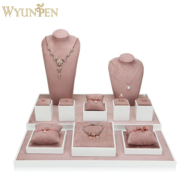 

Pink jewelry display set stand custom For Counter Showcase Ring Bust Necklace Bracelet bead jewelry display cabiner, Pink and white