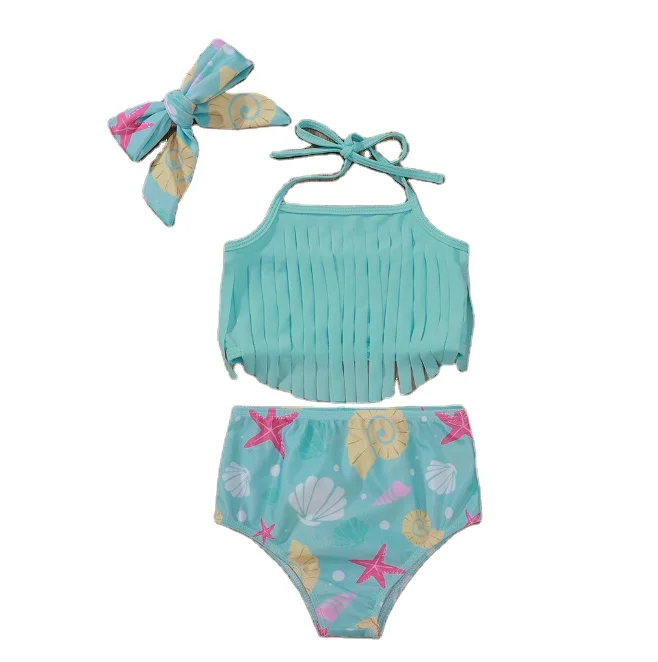 

2021 Hot Sale Kids Printed Swimsuits with Tassel Top 3pcs Girls Ocean Print Swimwear Baby Cute Bathing Beachwear, Picture