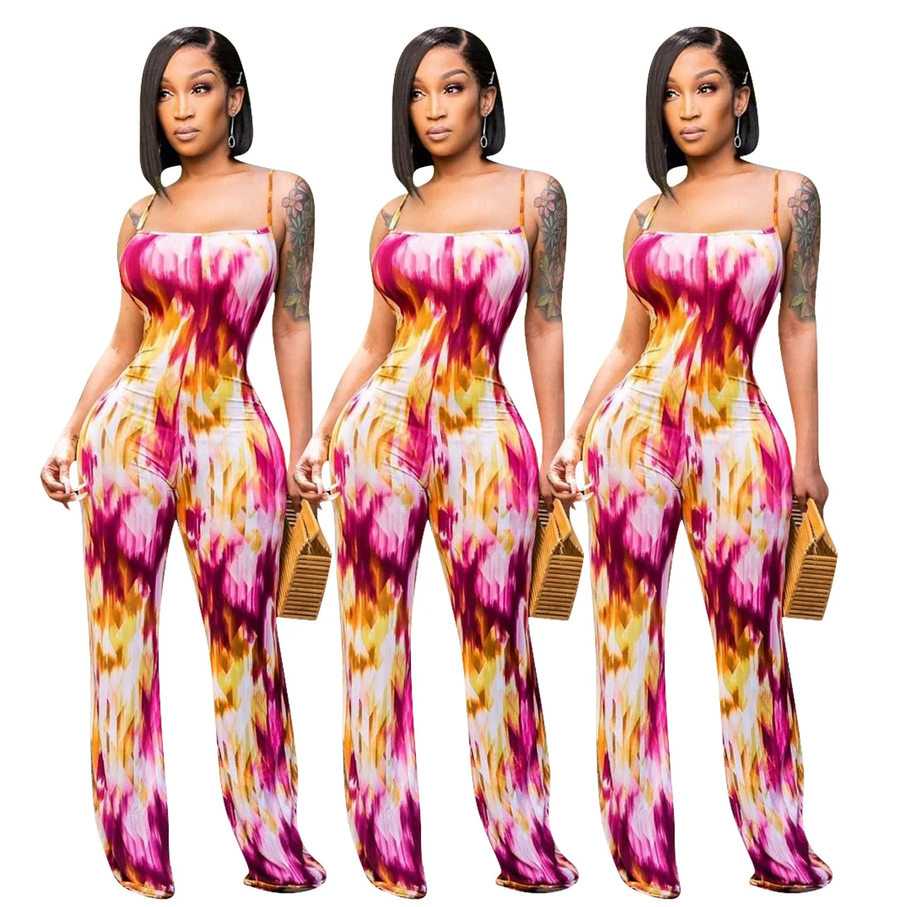

European and American women's hot fashion painted printed suspenders tube top wide leg jumpsuit, Customized color