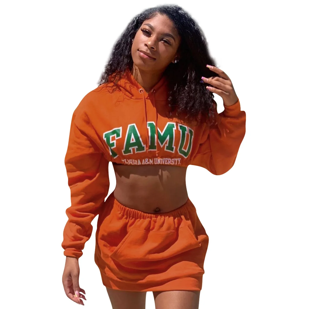 

2021 autumn women clothing sexy short top long sleeve hoodie with short dress two piece skirt set for autumn, Black