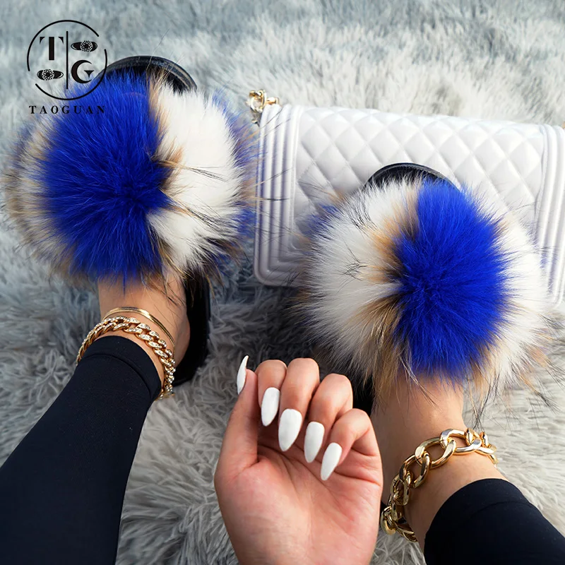 

Wholesale 1 pair custom logo fluffy real fox raccoon fur slipper furry fur slides for women, Customized color