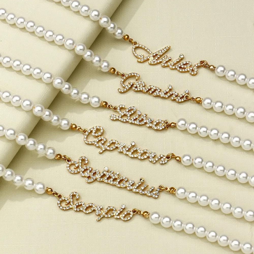

Gold plated full diamond 12 zodiac letter pearl necklace for women, Gold color