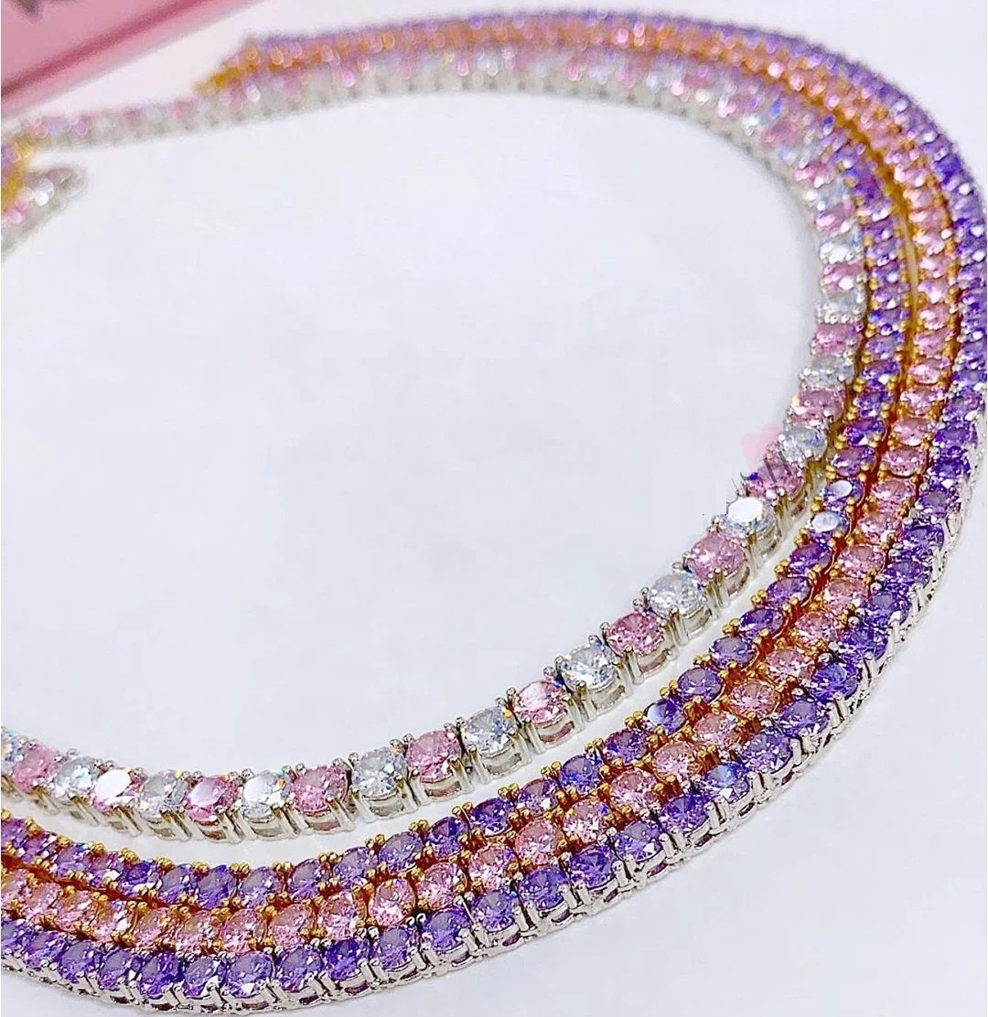 

16" 18" pink white purple various colors 5A cubic zirconia iced out bling women tennis necklace, Silver