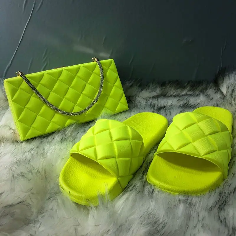 

Fashion trendy ladies sandals matching bags set hot selling outdoor slide slippers sandals and bag set women purse and shoe sets, Black,hot pink,brown,yellow