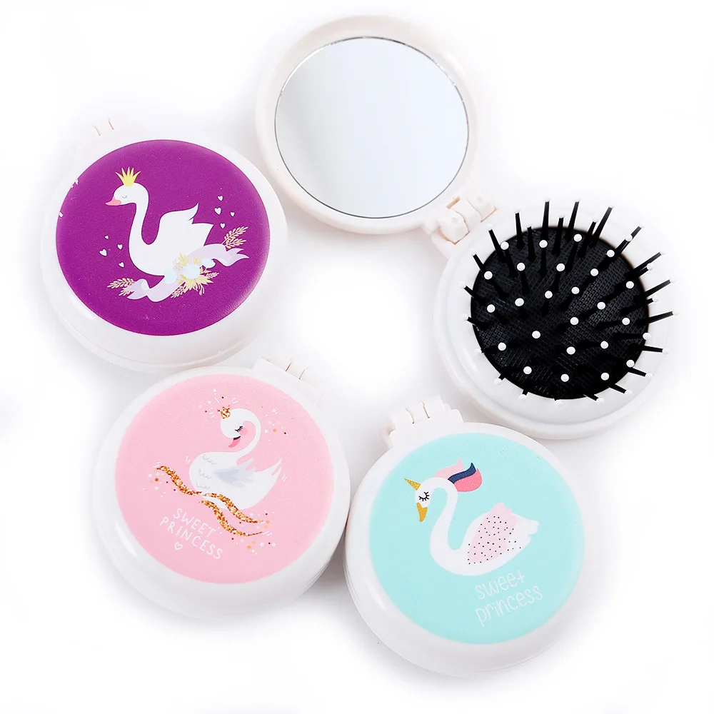 

Wholesale New Fashion Custom Mini Foldable Travel Comb Mirror Set Cartoon Swan Series Foldable Mirror Hair Comb