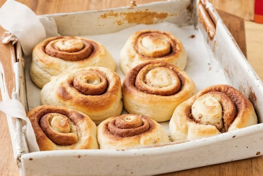 Perfectly risen make ahead cinnamon rolls in baking pan ready for oven with golden dough and visible cinnamon swirls