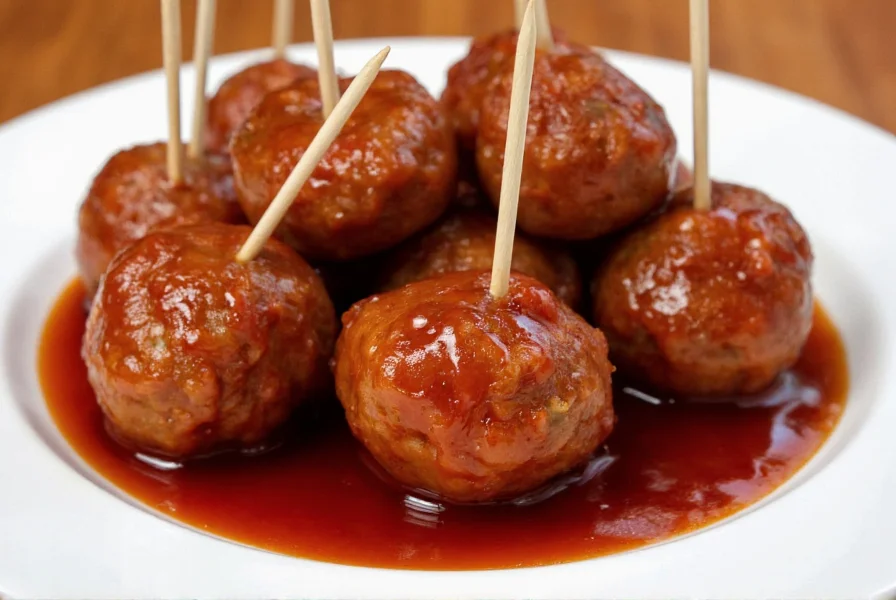 Close-up of glossy meatballs coated in grape jelly and chili sauce glaze, served on white plate with toothpicks