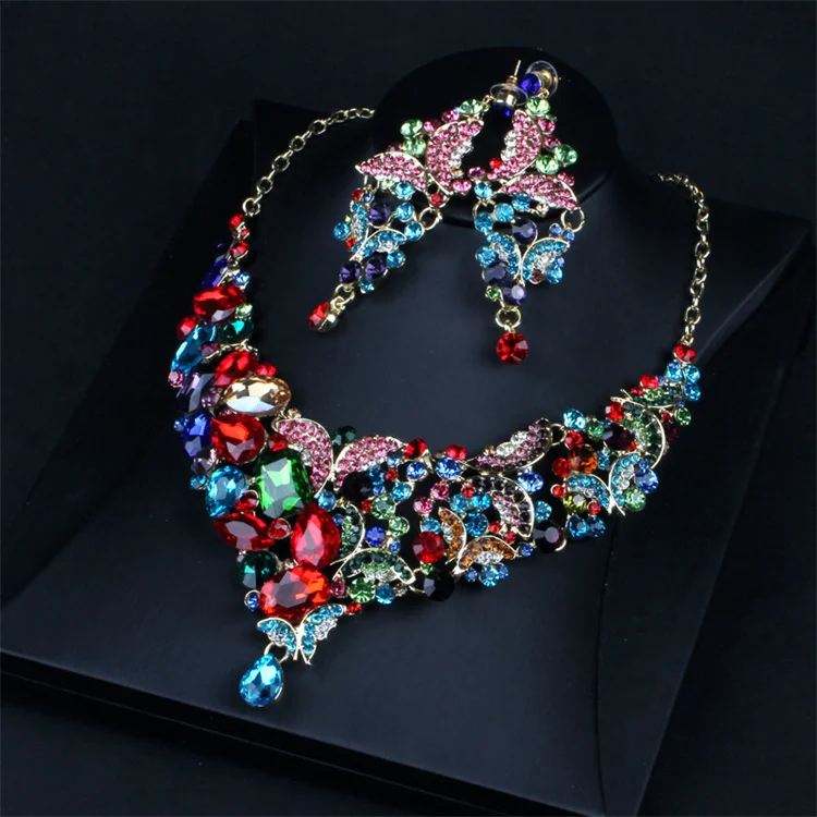 

Colorful Crystal Butterfly Necklace Jewelry Set Wholesale Spanish Bride Necklace Earrings Jewelry Set, Picture shows