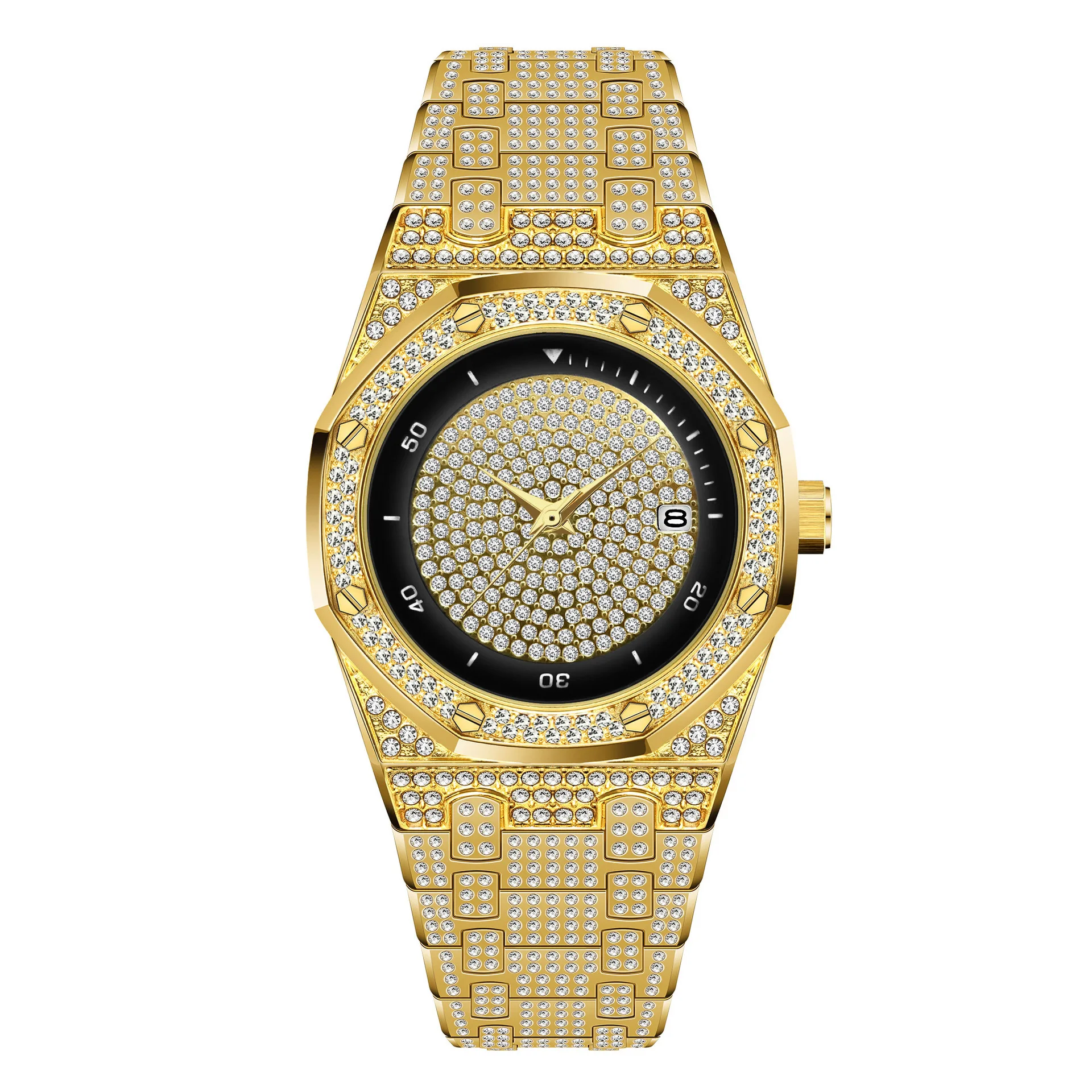 

Fashion Chronograph Mens Watches Top Brand Luxury Diamond Iced Out Watch Men Gold Steel Wristwatch Clock