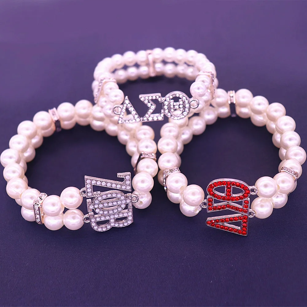 

Customize Fashion School Union Two Layers Pearl Greek Letters Label Zeta Phi Beta Delta Sigma Bracelet Bangles For Women