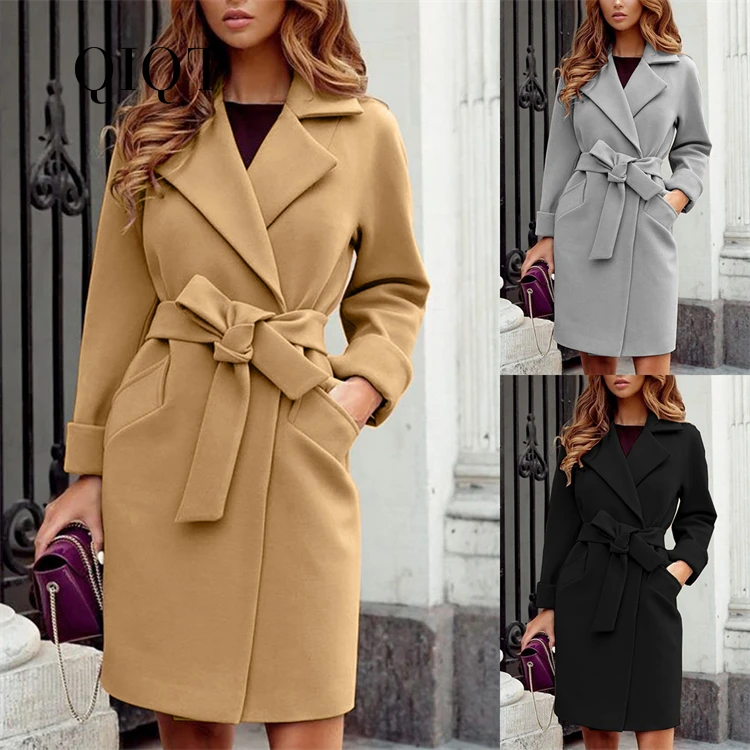 

High Quality Women Coats Winter And Autumn Belt Lapel Woolen Coat Solid Color Lapel Mid Length Woolen Long Coat For Women, Khaki,gray black