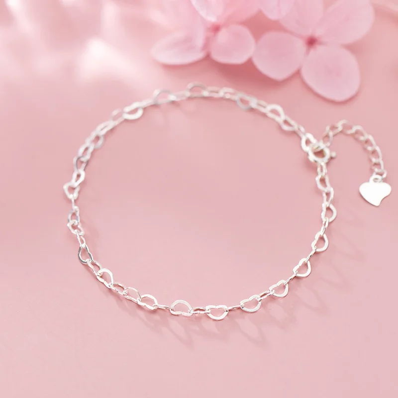 Unique Design Pure 925 Sterling Silver Hollow Heart Chain Bracelets for Women Girls