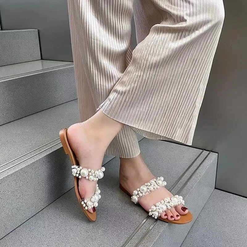 

New Women Flat Sandals Summer Jelly Diamond Slippers Ladies Pearl Sandals Elegant, 2 colors