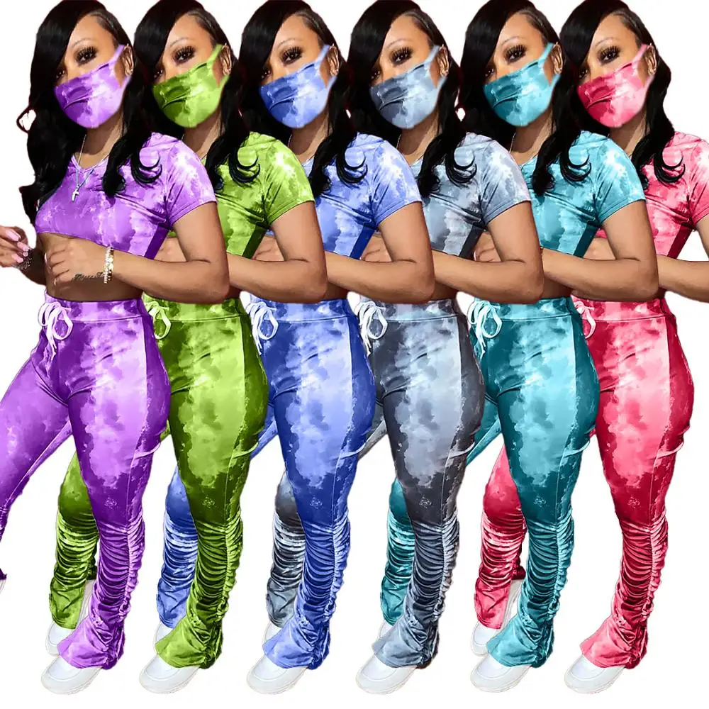 

KG5075 2021 Tie dye ladies stacked jogger pants 2 piece sweat suit for women