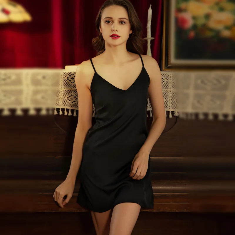

Ladies nightgown satin casual pajamas sexy V-neck suspender pajamas, Black ,red,green,pink