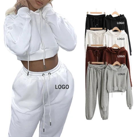 

custom logo winter set clothes for women plus fleece hooded sweater sportswear women tracksuit set
