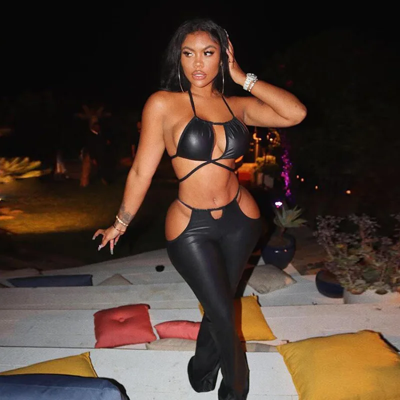 

Hot Sexy Lace Up Solid Faux Leather Two Piece Set Women Bra Mid Waist Trouser Party Clubwear Female Matching Outfits, Customized color