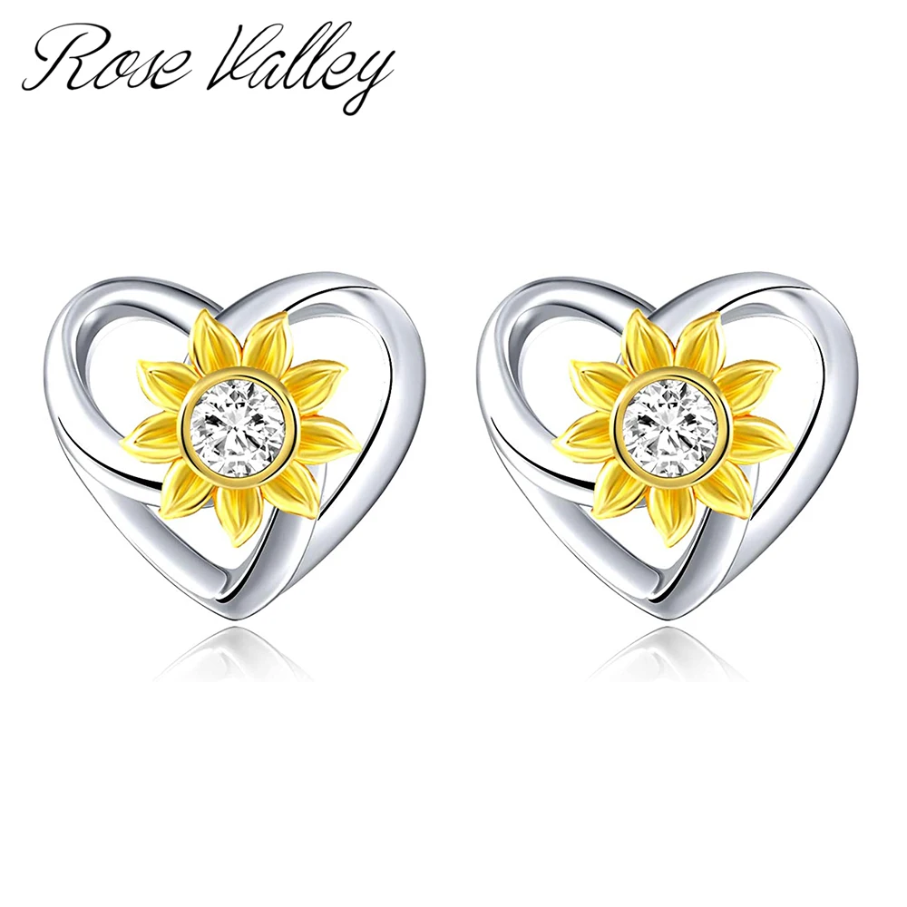 

Rose Valley Sun Flower Stud Earrings AAA Zircon Heart Designs Jewelry for Women Gold Gift Party Trendy Jewelry YE007