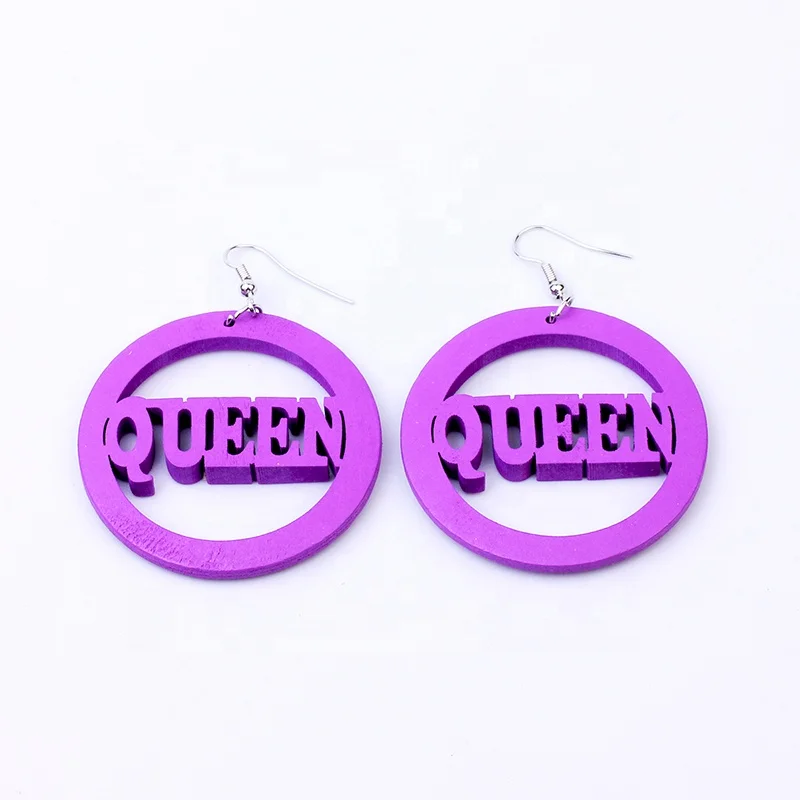 

Ethnic Big Round Wooden Earrings Colorful Statement Hollow Letter Queen African Wood Earring For Women