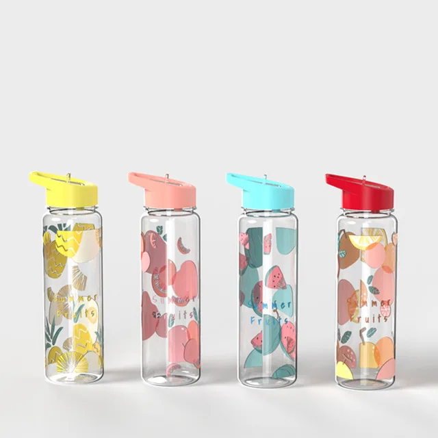 

Transparent Leak-proof Outdoor Fruit Sport Water Bottle With Straw, Yellow, blue, red and pink
