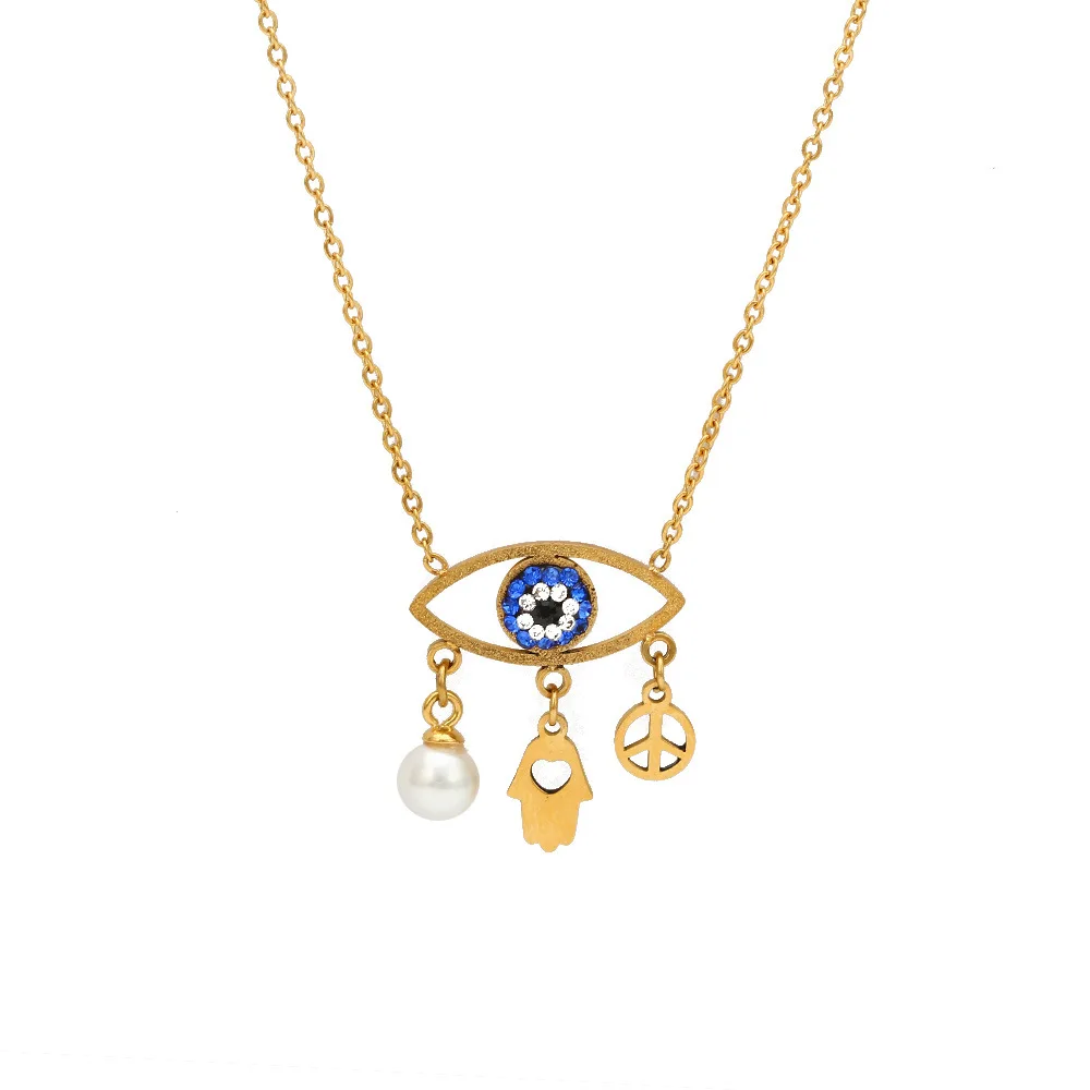 

INS Fashion Titanium Steel Pearl Hamsa Hand Pendant Necklace Gold Plated Rhinestone Crystal Blue Evil Eyes Necklace, Gold color
