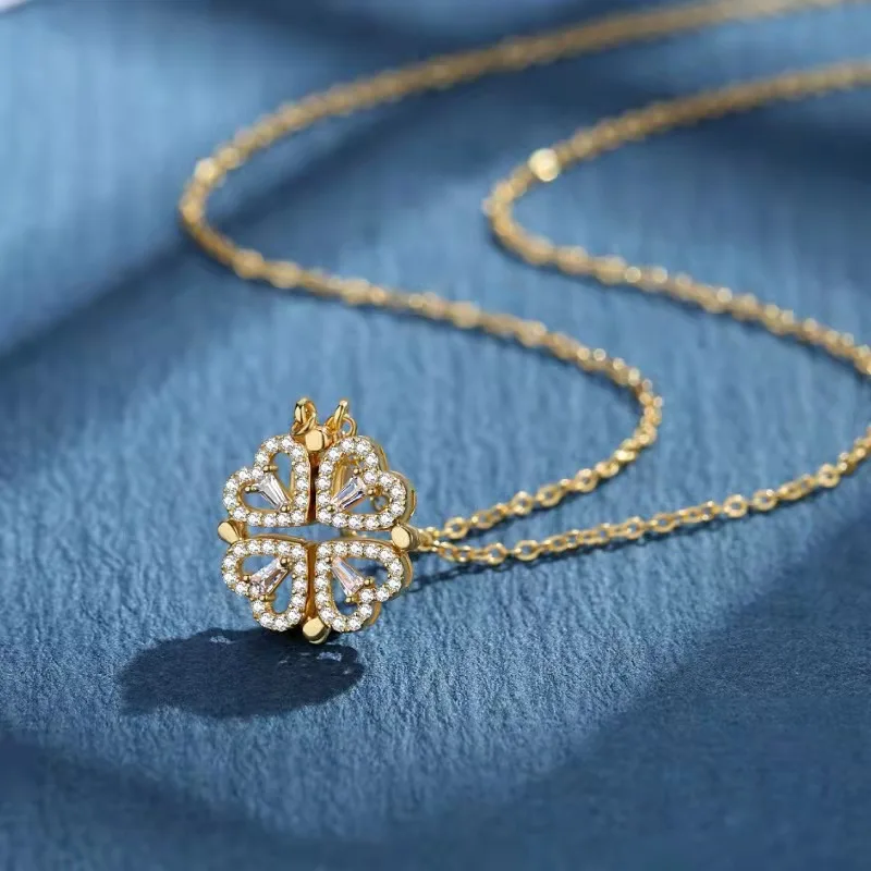 

2022 Zircon Four Leaf Clover Magnetic Necklace Creative Folding Clavicle Chain Flower Necklace Gold Plated Jewelry Necklace